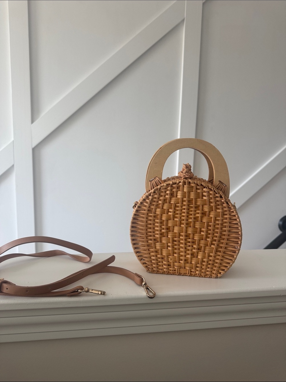 Zara round top handle crossbody wicker wooden rattan purse